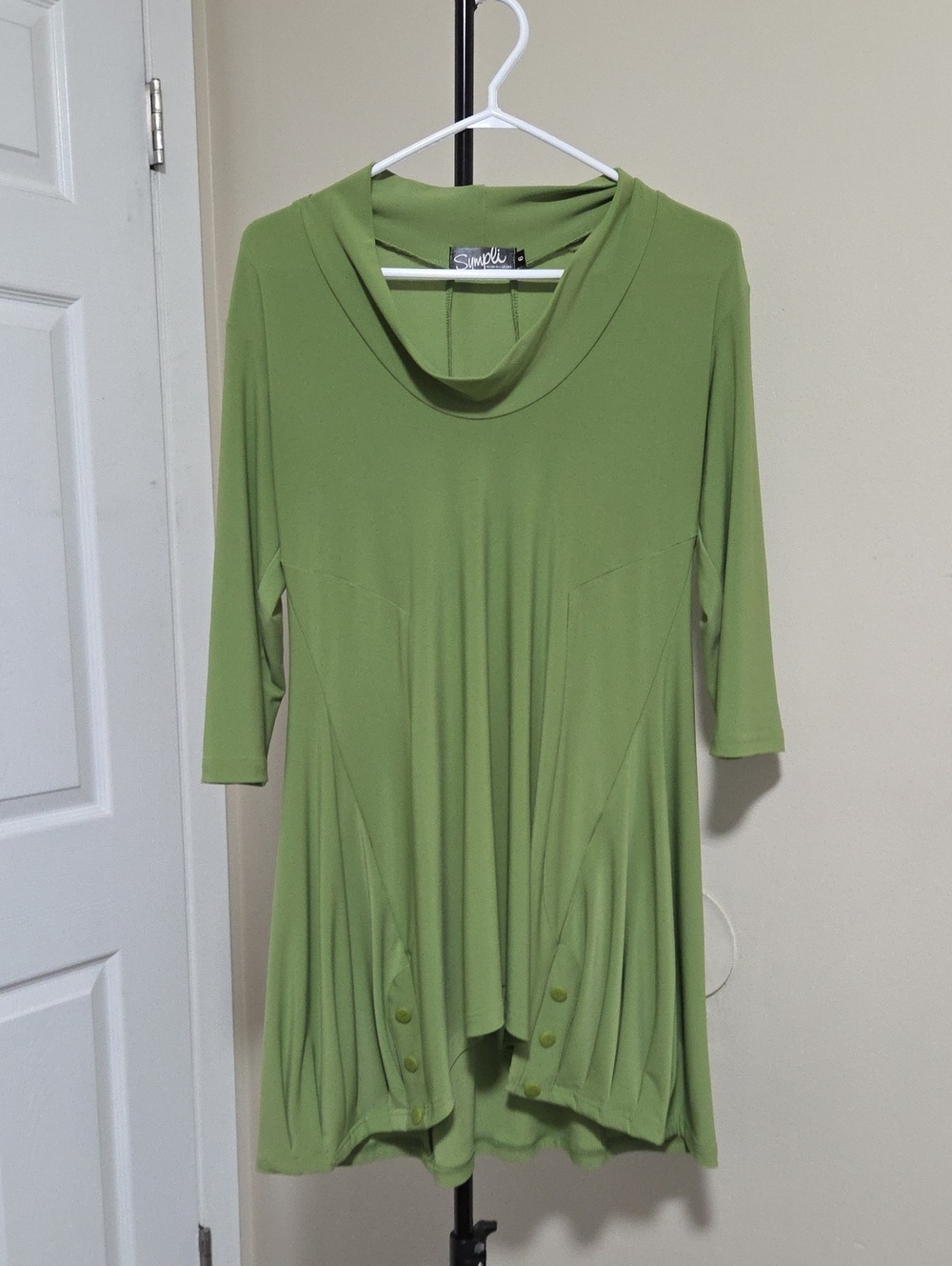 Sympli Light Green Draped 3/4 Sleeve Tunic with Button Hem